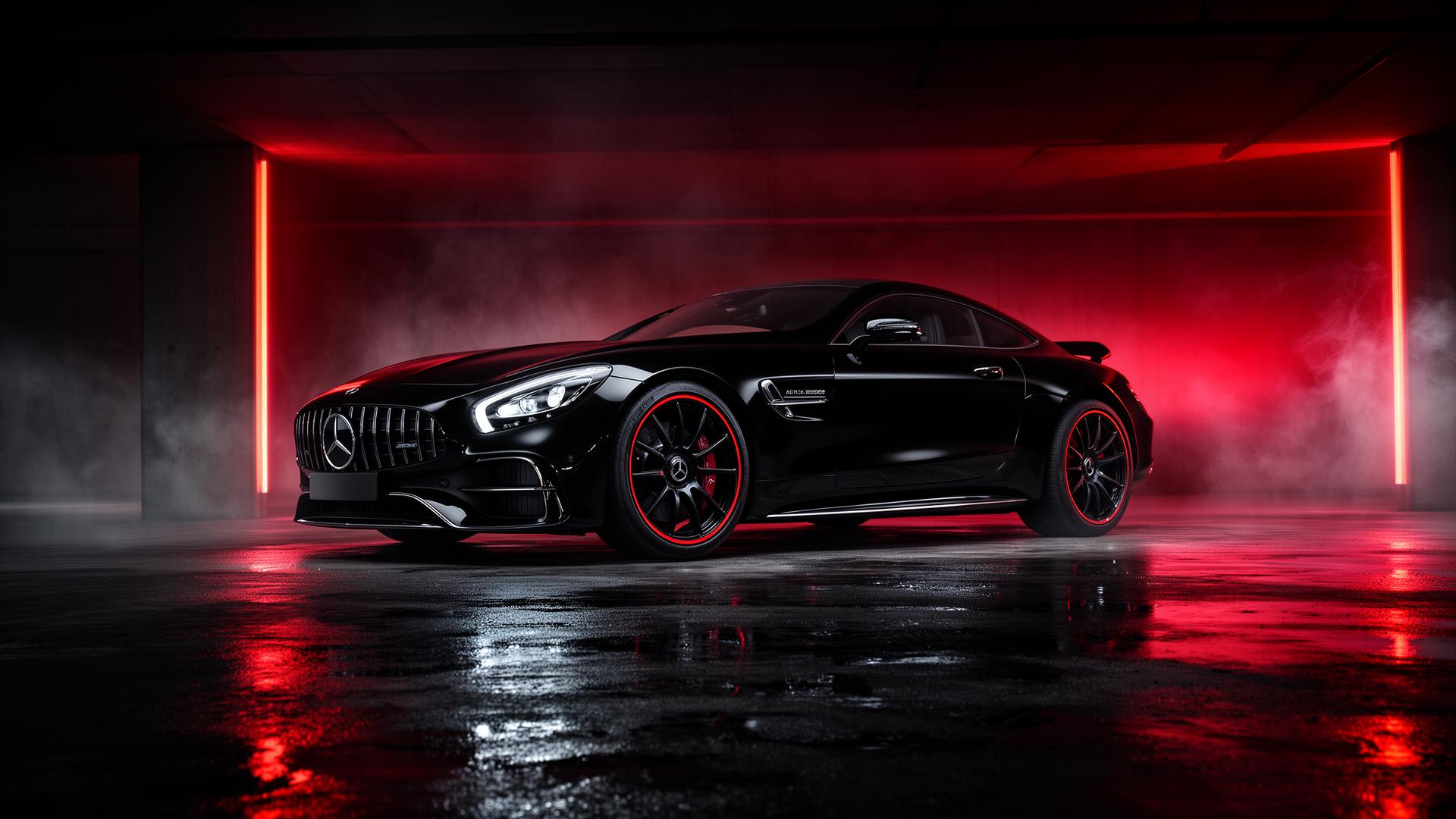 Black luxury performance coupe with red rim lighting